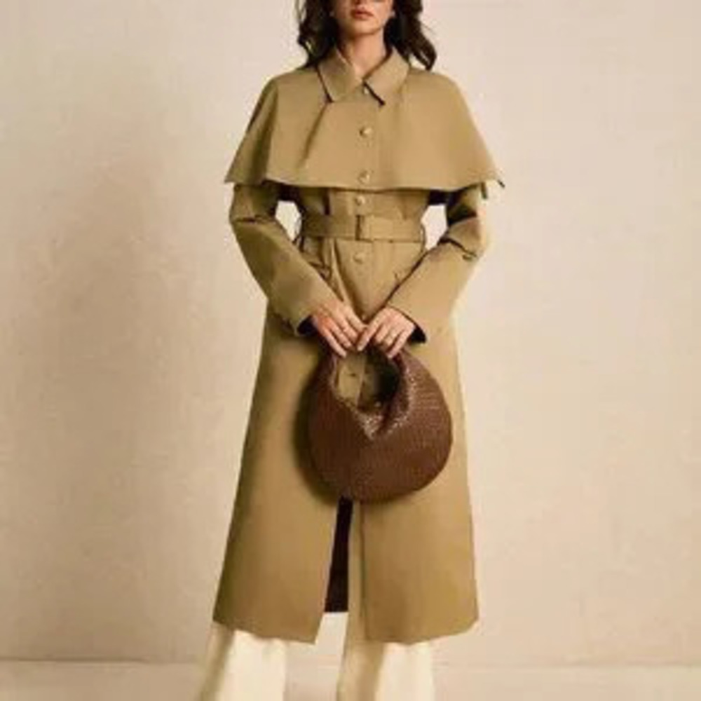 ZARA Khaki Women's Casual Longline Cape-Shoulder Storm Flap Overcoat